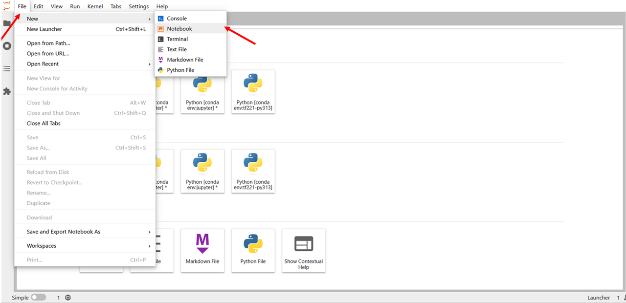 Création d'un nouveau notebook via le menu File