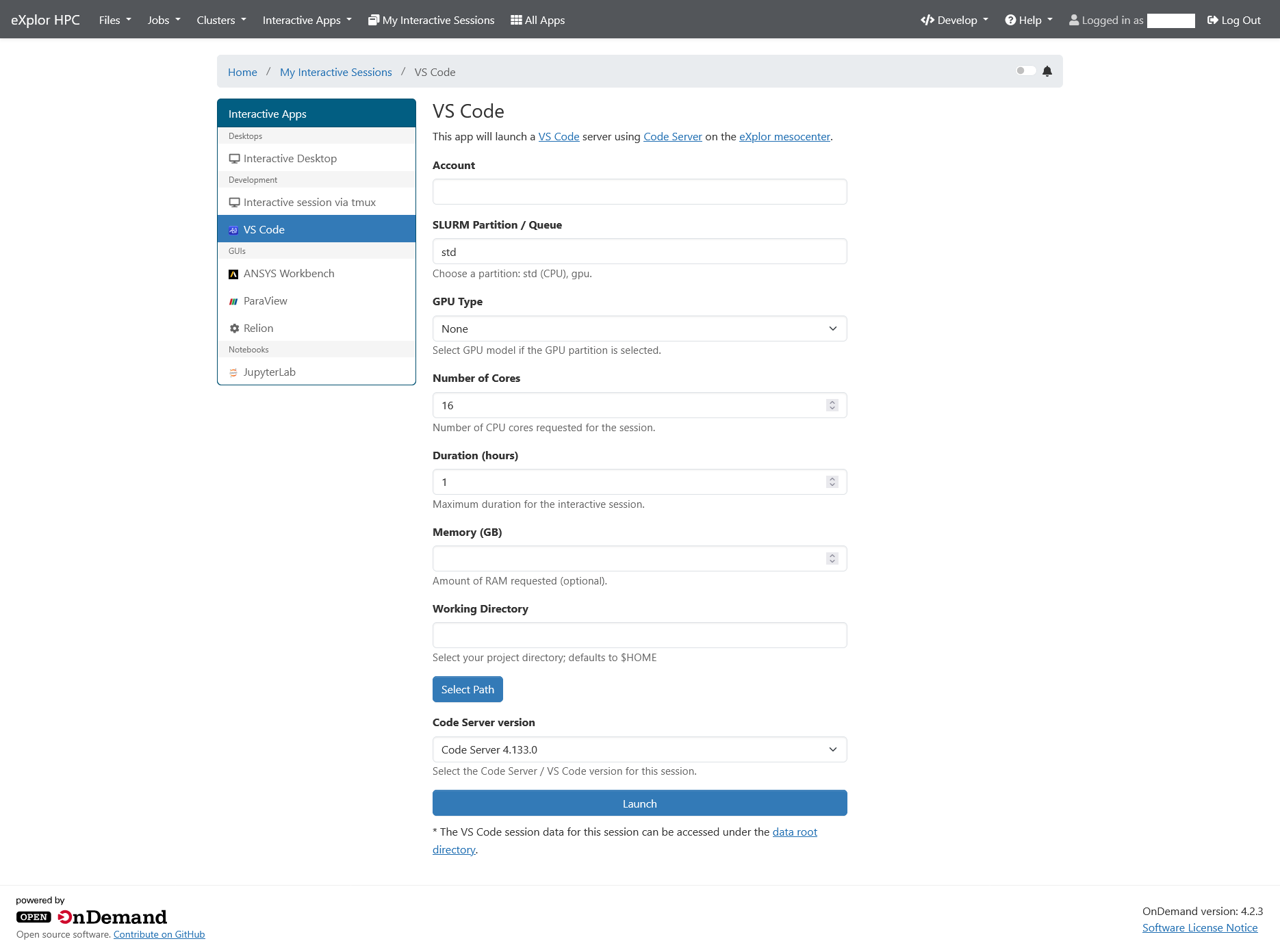 Tableau de bord Open OnDemand avec l'accès aux applications interactives